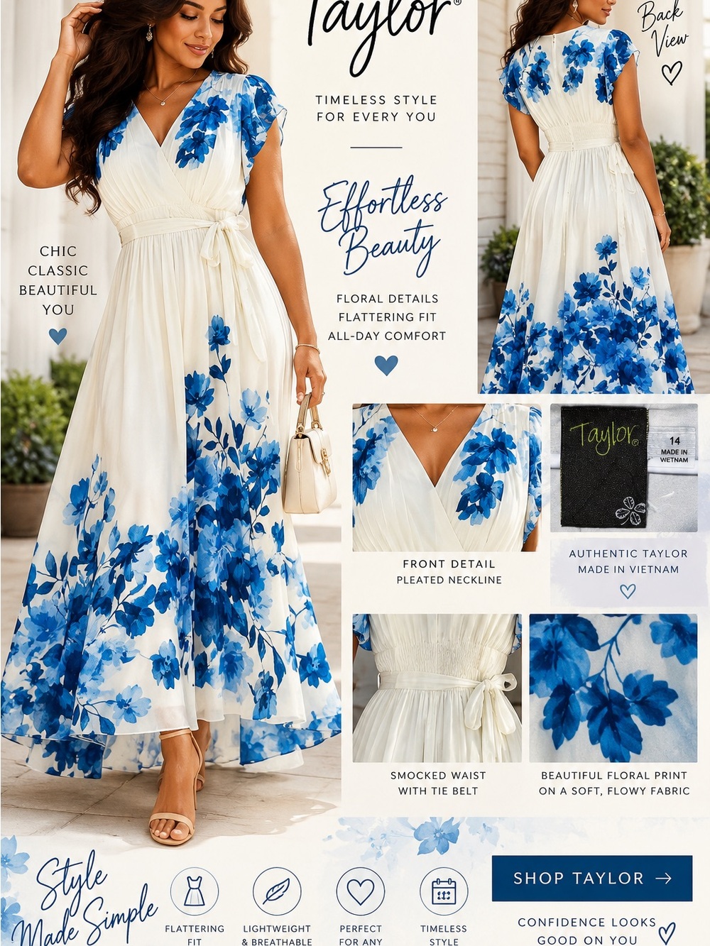 Taylor Cream Maxi Dress with Blue Floral Print size 14
